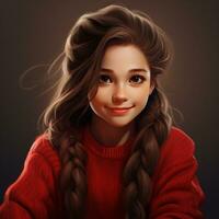 mooi gelijkend op meisje met lang haar- tweelingstaarten vervelend rood trui foto