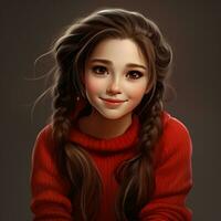 mooi gelijkend op meisje met lang haar- tweelingstaarten vervelend rood trui foto