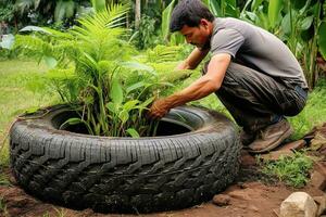 een Mens herbestemming een oud band in een tuin planter, demonstreren de creatief potentieel van upcycling weggegooid materialen.generatief ai foto