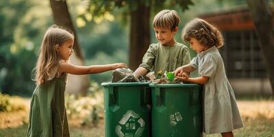 dichtbij omhoog hand- kinderen dropping de fles scheiden verspilling plastic flessen in recycling bakken is naar beschermen de milieu ,generatief ai foto