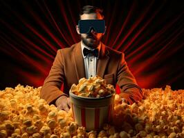 een Mens met vr bril en popcorn horloges filmisch, generatief ai. foto