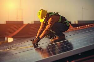 ingenieur installeren zonne- panelen, Aan de dak, elektrisch technicus Bij werk, generatief ai . foto