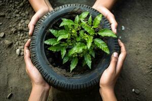 top visie hand- band auto in een tuin planter, demonstreren de creatief potentieel van upcycling weggegooid materialen.generatief ai foto