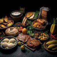 geassorteerd divers Gabon voedsel Aan een donker rustiek achtergrond, kopiëren ruimte, generatief ai. foto