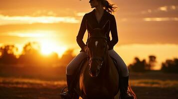 silhouet van een vrouw rijden een paard Bij zonsondergang. generatief ai foto