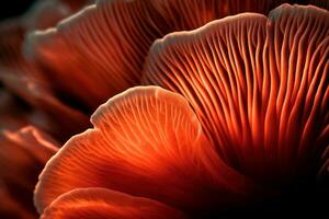 extreem dichtbij omhoog van champignons in de stralen van de zon. macro foto van lamellair lager een deel van de paddestoel. gemaakt gebruik makend van generatief ai.