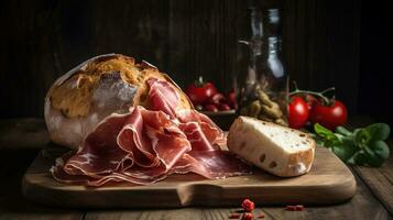 brood met plakjes Jamon serrano voor lunch tafel. zomer picknick tijd over- houten rustiek achtergrond. generatief ai foto