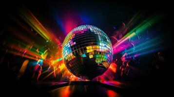 disco spiegel bal geslagen nachtclub lasers exploderend in prismatisch regenbogen, generatief ai foto