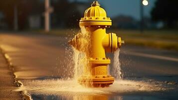 hydrant geel neerstorten. detailopname van straat overstromingen. generatief ai foto