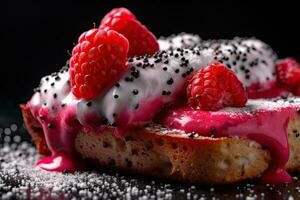 drakenfruit geroosterd brood, macro schot van een vers ontbijt met druipend honing, ai gegenereerd foto