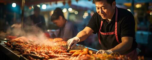 koks vakkundig stoom- een verscheidenheid van watertanden zeevruchten gerechten vulling de lucht met verleidelijk aroma's Bij een levendig kust markt foto