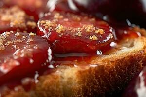 Pruim geroosterd brood, macro schot van een vers ontbijt met druipend honing, ai gegenereerd foto