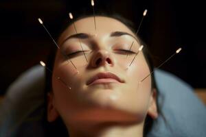 jong vrouw maken behandeling acupunctuur van gezicht. genereren ai foto