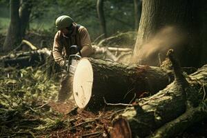 Mens snijdend naar beneden stomp bomen. genereren ai foto