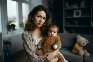 depressief vrouw met schattig verdrietig baby. genereren ai foto