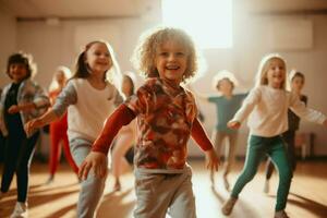 groep van kinderen dansen hobby school. genereren ai foto