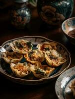 shui lan gebakken wonton voor Chinese kung pa, in de stijl van bloem en natuur motieven ai gegenereerd foto