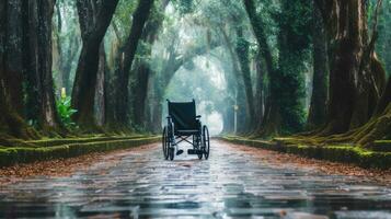 een rolstoel is geparkeerd Aan een pad in een park, ai gegenereerd foto