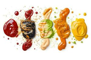 selectie van sauzen met verschillend kleuren Aan een wit, generatief ai foto