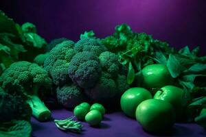 groen groenten Aan Purper achtergrond broccoli en blad sla fabriek bazig veganistisch eetpatroon gezond levensstijl generatief ai foto