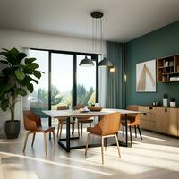 modern dining kamer interieur met planten en venster visie foto