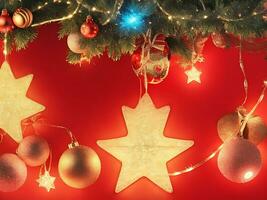 rood Kerstmis achtergrond met sterren en licht decoratie foto