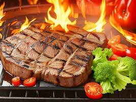 gegrild rundvlees steak Aan de vlammend rooster met gegrild groenten met tomaten foto