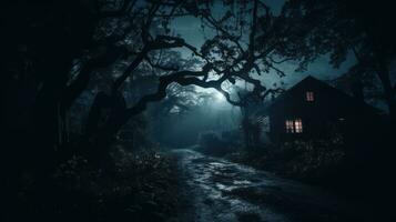 donker spookachtig Woud met oud huis en boom. verschrikking halloween concept foto