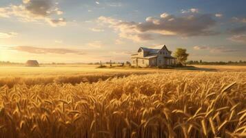 oud boerderij huis in een tarwe veld- Bij zonsondergang. 3d geven foto