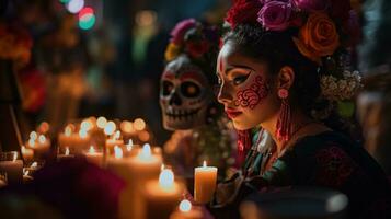 mooi vrouw met suiker schedel bedenken en kaarsen in een traditioneel Mexicaans begraafplaats foto