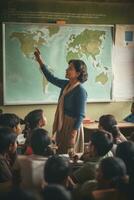 leraar in een klas met een wereld kaart in de achtergrond. foto