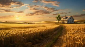 landelijk landschap met tarwe veld- en oud huis in de avond. foto