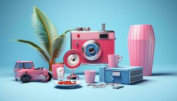 ai generatief 3d model- roze en blauw voorwerp een oud fashioned camera, palm, statief en glas Aan blauw achtergrond foto