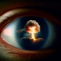 atomair explosie reflectie in een oog ai generatief. menselijk angst concept. foto