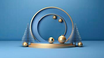 luxueus 3d blauw podium presentatie van prachtig goud boog Kerstmis boom, ai gegenereerd foto