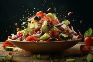 Grieks salade vliegend ingrediënten creatief dramatisch licht generatief ai foto