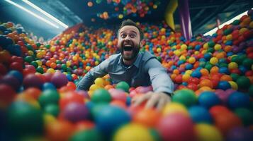 vreugde ontketend - Mens jongleert werk oproepen in kinderlijk bal pit Speel ai generatief foto