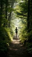 Woud sprint - vastleggen de loper wilskracht temidden van natuur ai generatief foto