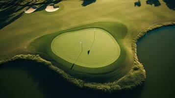 vlekkeloos zetten groen en gat met golfers in de achtergrond aan het wachten verwachtingsvol ai generatief foto