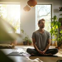 een jong Mens beoefenen yoga in een helder leven kamer gevulde met sereen energie ai generatief foto