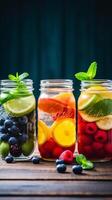 modieus assortiment van ontgiften fruit water in levendig metselaar potten Aan een rustiek houten tafelblad ai generatief foto