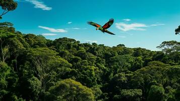 gespannen, smaragdgroen oerwoud tafereel met een levendig papegaai vliegend temidden van de gebladerte ai generatief foto