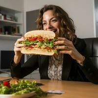 jongleren belegd broodje en spreadsheets - vrouw humoristisch werk-lunch balans ai generatief foto