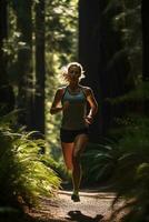 Woud sprint - vastleggen de loper wilskracht temidden van natuur ai generatief foto