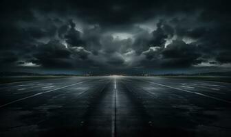 donker en dramatisch lucht Aan een landingsbaan foto
