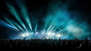 vuurwerk lichten gedurende concert festival in een nacht, in menigte foto