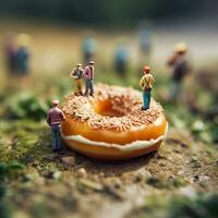 sociaal structuren donut met marshmallows en klein mensen, ai gegenereerd foto