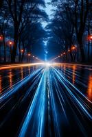 blauw auto lichten zijn gezien Bij nacht ten gevolge naar een lang blootstelling foto