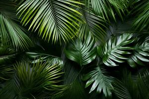 palm boom bladeren creëren een structuur bedekking omringd door vers groen tropisch planten Aan een wit achtergrond foto