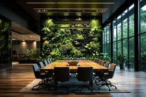 modern kantoor gebouw met leven groen muur verticaal tuin binnenshuis met bloemen en planten onder kunstmatig verlichting in vergadering bestuurskamer foto